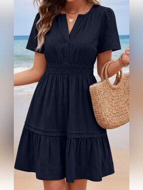 Rachel Zoe Navy Short-Sleeve Tiered Flounce Hemline Smocked Waist Dress Size XS